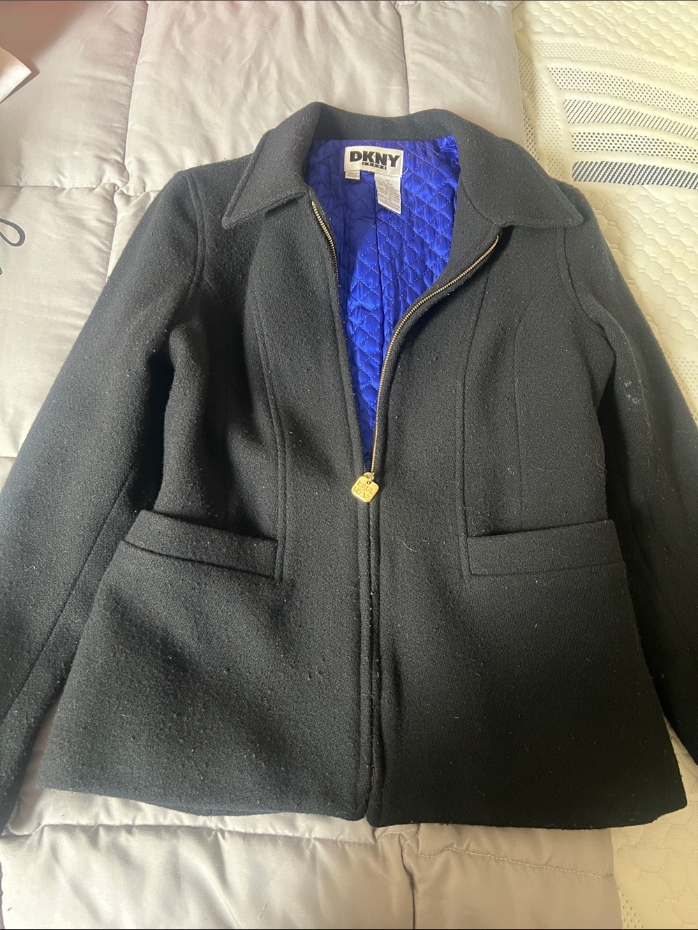DKNY Black Wool Zip-Front Pea Coat with Blue Quilted Lining